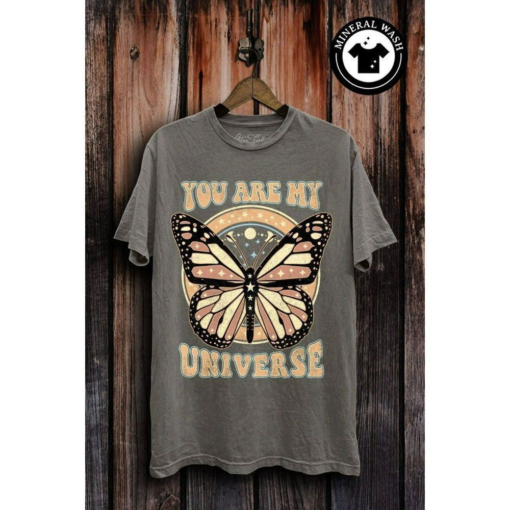 You Are My Universe Graphic Tee Boho Butterfly Retro Stone Grey Mineral Wash